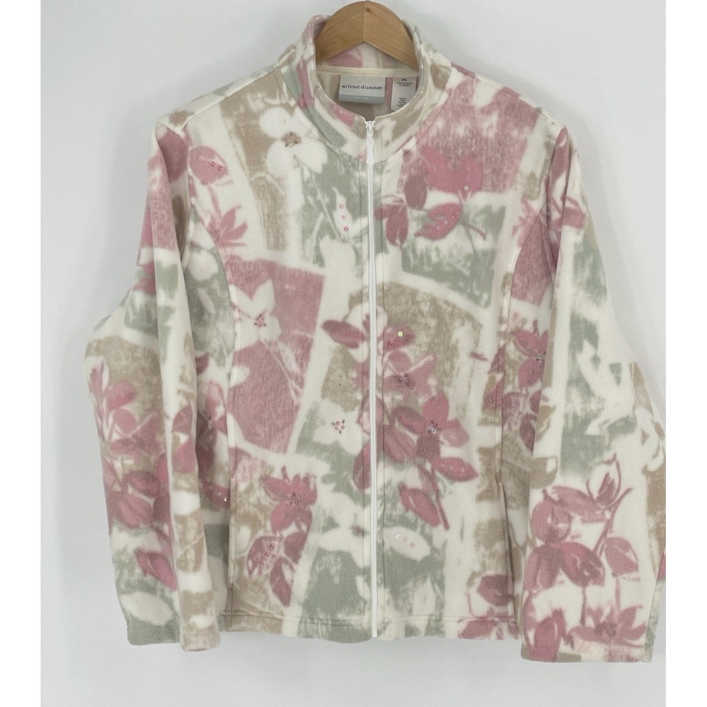 Alfred Dunner Womens PXL‎ Jacket Full Zip Pink Floral Fleece Embellished